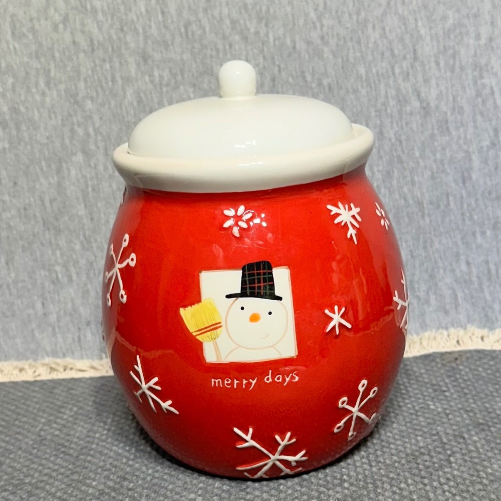 Hallmark Snowman Merry Days Red Ceramic Holiday Cookie Jar Snowflake Christmas